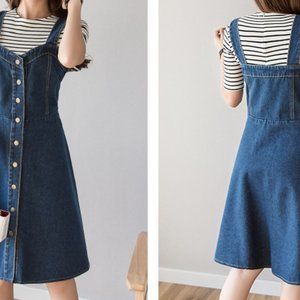 C047 Women Cotton Clothing Denim Jean Sleeveless Dress V Neck Side Pockets